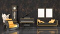Black interior with black and yellow grand piano, vintage clock and frames for mockup Royalty Free Stock Photo