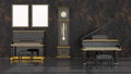 Black interior with black and yellow piano, grand piano and frame for mockup