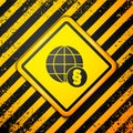 Black International law icon isolated on yellow background. Global law logo. Legal justice verdict world. Warning sign