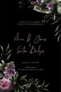 Black invitation template, peony flowers and leaves drawn in low key Royalty Free Stock Photo