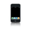 A black iPhone phone with a button and apps with shadow and reflection on a white background. Isolate