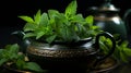 Black iron asian teapot with sprigs of mint for tea. Generative Ai Royalty Free Stock Photo