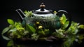 Black iron asian teapot with sprigs of mint for tea. Generative Ai Royalty Free Stock Photo