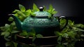 Black iron asian teapot with sprigs of mint for tea. Generative Ai Royalty Free Stock Photo