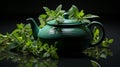 Black iron asian teapot with sprigs of mint for tea. Generative Ai Royalty Free Stock Photo