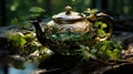 Black iron asian teapot with sprigs of mint for tea. Generative Ai Royalty Free Stock Photo