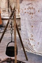 Black Iron cauldron hanging on a bonfire Royalty Free Stock Photo