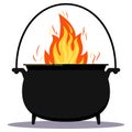 Black iron empty cooking pot with fire flat design cartoon vector illustration. symbol of Halloween holiday.