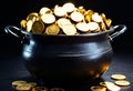 Black iron pot filled with gold coins. Generative AI Royalty Free Stock Photo