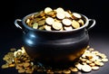 Black iron pot filled with gold coins. Generative AI Royalty Free Stock Photo