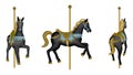 Black isolated carousel horse. Side, front and back view