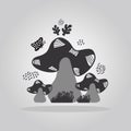 Black isolated cartoon hand drawn Mushrooms flat design icons with butterfly, leaves and textures on gray gradient