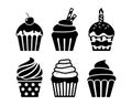 Black isolated cupcakes icons set. Cupcakes with cream, birthday candle, cherry and sprinkles. Royalty Free Stock Photo