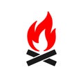 Black isolated icon of bonfire, flame on white background. Silhouette of red fire. Flat design Royalty Free Stock Photo