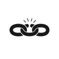 Black isolated icon of broken chain on white background. Silhouette of chain. Weak link. Flat design. Royalty Free Stock Photo