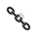 Black isolated icon of broken chain on white background. Silhouette of chain. Weak link. Flat design. Royalty Free Stock Photo