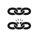 Black isolated icon of chain and broken chain on white background. Set of Silhouette of chain. Weak link. Flat design. Royalty Free Stock Photo