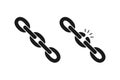 Black isolated icon of chain and broken chain on white background. Set of Silhouette of chain. Weak link. Flat design. Royalty Free Stock Photo