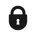 Black isolated icon of closed lock on white background. Silhouette of closed padlock. Flat design.