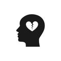 Black isolated icon of head of man and broken heart on white background. Silhouette of head of man. Symbol of divorce, separation