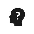 Black isolated icon of head of man and question mark on white background. Silhouette of head of man and question mark. Symbol of