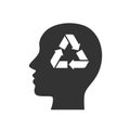 Black isolated icon of head of man with recycling mind on white background. Silhouette of head of man. Recycle think.