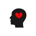 Black isolated icon of head of man and red broken heart on white background. Silhouette of head of man. Symbol of divorce, Royalty Free Stock Photo