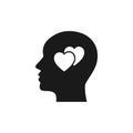 Black isolated icon of head of man and two hearts on white background. Silhouette of head of man and hearts. Love think Flat Royalty Free Stock Photo