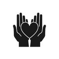 Black isolated icon of heart in 2 open hands on white background. Silhouette of heart and two hands. Symbol of care, love, charity Royalty Free Stock Photo