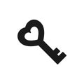 Black isolated icon of key heart shape on white background. Silhouette of key. Flat design. Symbol of love. Royalty Free Stock Photo