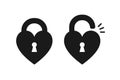 Black isolated icon of locked and unlocked heart shape lock on white background. Set of Silhouette of locked and unlocked heart sh Royalty Free Stock Photo