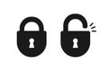 Black isolated icon of locked and unlocked lock on white background. Set of Silhouette of locked and unlocked padlock. Flat design Royalty Free Stock Photo