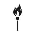Black isolated icon of matchstick with fire on white background. Silhouette of match stick with flame. Flat design Royalty Free Stock Photo