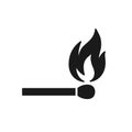 Black isolated icon of matchstick with fire on white background. Silhouette of match stick with flame. Flat design Royalty Free Stock Photo