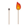 Black isolated icon of matchstick with fire on white background. Silhouette of match stick with flame. Flat design. Royalty Free Stock Photo