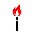 Black isolated icon of matchstick with red fire on white background. Silhouette of match stick with red flame. Flat design Royalty Free Stock Photo