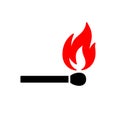 Black isolated icon of matchstick with red fire on white background. Silhouette of match stick with red flame. Flat design Royalty Free Stock Photo