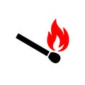 Black isolated icon of matchstick with red fire on white background. Silhouette of match stick with red flame. Flat design Royalty Free Stock Photo