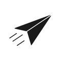 Black isolated icon of paper airplane on white background. Silhouette of paper airplane. Flat design.