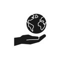 Black isolated icon of planet, earth in hand on white background. Silhouette of globe and hand. Symbol of care, protection. Save