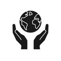 Black isolated icon of planet, earth in hands on white background. Silhouette of globe and hands. Symbol of care, protection. Save