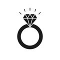 Black isolated icon of ring with diamond on white background. Silhouette of wedding ring. Flat design. Royalty Free Stock Photo