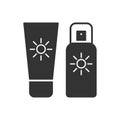 Black isolated icon of sunscreen on white background. Icon of sun block.