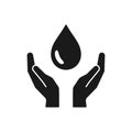 Black isolated icon of water drop, oil in hands on white background. Silhouette of aqua drop and hands. Symbol of care, charity.