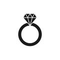 Black isolated icon of wedding ring with diamond on white background. Silhouette of wedding ring. Flat design. Royalty Free Stock Photo