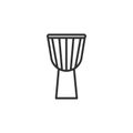 Black isolated outline icon of djembe, drum on white background. Line Icon of percussion musical instrument.