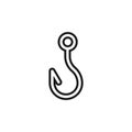 Black isolated outline icon of fish hook on white background. Line Icon of fish hook, angle