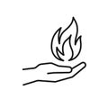 Black isolated outline icon of flame in hand on white background. Line icon of fire and hand. Symbol of healing Royalty Free Stock Photo