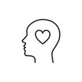 Black isolated outline icon of head of man and heart on white background. Line icon of head of man. Love think. Flat design