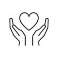 Black isolated outline icon of heart in hands on white background. Line icon of heart and hands. Symbol of care, love, charity